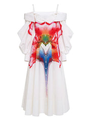 Buttoned Contrast Color Floral Printed Pleated Zipper Off-The-Shoulder Midi Dresses