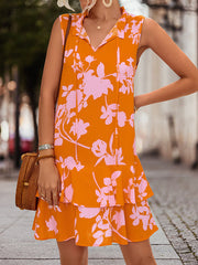 Falbala Printed Split-Joint Tied Tiered A-Line High Waisted V-Neck Mini Dresses