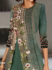 Flower Print Split-Side Long Sleeves Loose Round-Neck T-Shirt Tops&Pants Two Pieces Set