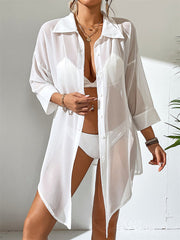 Buttoned See-Through Solid Color Split-Joint Loose Three-Quarter Sleeves Lapel Blouses&Shirts Tops