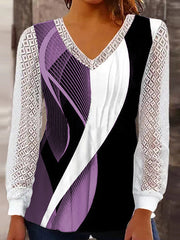 Printed See-Through Split-Joint Long Sleeves Loose V-neck T-Shirts Tops