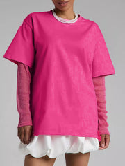 See-Through Split-Joint Sun Protection False Two Loose Round-Neck T-Shirts