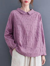 Loose 3 Colors Embroidered Hollow Lapel Collar Long Sleeves T-Shirt