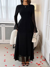 See-Through Solid Color Split-Joint Elasticated Waist Flared Sleeves Round-Neck Maxi Dresses