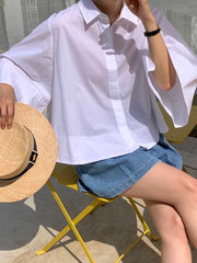 Buttoned Pleated Solid Color A-Line Flared Sleeves Lapel Blouses&Shirts Tops
