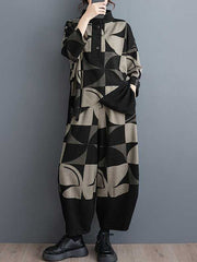 Asymmetric Buttoned Long Sleeves Printed Stand Collar Sweatshirt Top + Harem Pants Pants Bottom Two Pieces Set