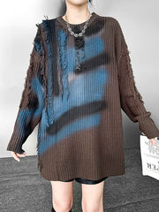 Abstract Printed Asymmetric Contrast Color Split-Joint Tasseled Irregularity Long Sleeves Round-Neck Sweater Tops