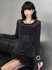 See-Through Shiny Long Sleeves Loose Round-Neck T-Shirts Tops