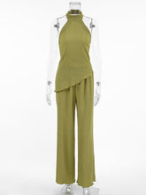 Solid Color Loose Pleated Halter-Neck Vest Top + High Waisted Pants Bottom Two Pieces Set