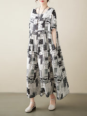 Printed A-line Loose Round-neck Midi Dresses