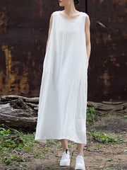 Drawstring Solid Color Split-Joint Tied Waist Loose Sleeveless Round-Neck Midi Dresses