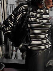 Split-Joint Striped Long Sleeves Lapel Sweater Tops