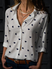 Buttoned Heart Print Long Sleeves Loose Lapel Blouses&Shirts Tops