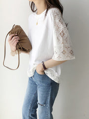 Hollow Solid Color Split-Joint Half Sleeves Loose Round-Neck T-Shirts Tops
