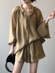 Split-Joint Solid Color Sun Protection Tied V-neck Long Sleeves Top + Shorts Two Pieces Set