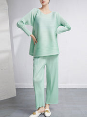 Loose Pleated Solid Color High-Low Round-Neck T-Shirts + Pants Two Pieces Set