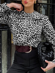 Leopard Printed Split-Joint Loose Puff Sleeves Peter Pan Collar Blouses&Shirts Tops