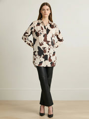 Buttoned Contrast Color Cow Printed Split-Joint Long Sleeves Loose Lapel Blouses&Shirts Tops