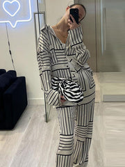 Casual Loose Printed Lapel Collar Blouses Tops & Wide Leg Pants Two Pieces Set