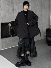 Plaid Quilted Solid Color Split-Joint Tied Long Sleeves Loose Collarless Padded Coat Outerwear