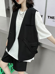 Asymmetric Split-Joint Tied Waist Loose Sleeveless V-neck Vest Outerwear