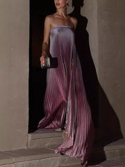 Elasticity Gradient Pleated A-Line Loose Tube Maxi Dresses Evening Dresses