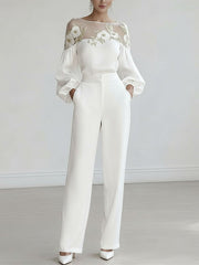 Loose Puff Sleeves Applique Flower Shape Mesh Split-Joint Round-Neck Blouses&Shirts Tops