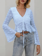Flared Sleeves Contrast Color Drawstring Falbala Jacquard V-Neck Blouses&Shirts Tops
