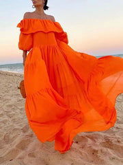 Loose Puff Sleeves Pleated Solid Color Off-The-Shoulder Maxi Dresses