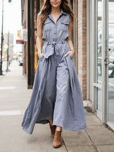 Buttoned Pleated Pockets Split-Joint Tied Loose Sleeveless Lapel Jumpsuits