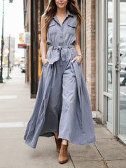Buttoned Pleated Pockets Split-Joint Tied Loose Sleeveless Lapel Jumpsuits
