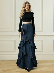 Bodycon High Waisted Ruffled Solid Color Split-Joint Skirts Bottoms