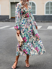 Mesh Printed Split-Joint A-Line High Waisted Deep V-Neck Midi Dresses