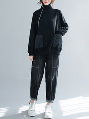 Artistic Retro Loose Zipper High-Neck Long Sleeves Sweatshirt Top