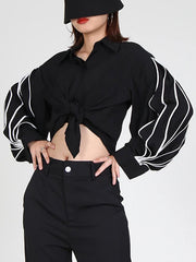 Buttoned Contrast Color Long Sleeves Loose Lapel Blouses&Shirts Tops