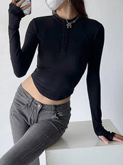 Solid Color Split-Joint Long Sleeves Skinny Round-Neck T-Shirts