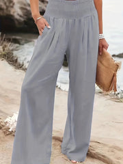 Pleated Pockets Solid Color Split-Joint Elasticated Waist High Waisted Pants