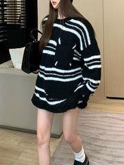 Split-Joint Striped Long Sleeves Loose Round-Neck Sweater