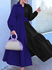 Loose Puff Sleeves Contrast Color Pleated Split-Joint Tied Waist Lapel Midi Dresses