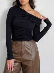 Asymmetric Solid Color Long Sleeves Skinny Asymmetric Collar T-Shirts Tops