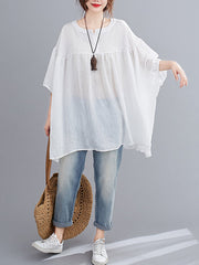 Pleated See-Through Solid Color Half Sleeves Loose Round-neck Blouses&shirts Tops