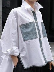 Buttoned Contrast Color Pockets Split-Side A-Line High-Low Stand Collar Blouses&Shirts Tops