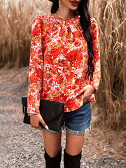 Flower Print Pleated Long Sleeves Loose Round-neck Shirts Tops