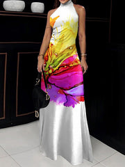 Flower Print Skinny Sleeveless High Neck Maxi Dresses