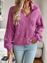 Hollow Solid Color Long Sleeves Loose Lapel Sweater Tops Pullovers