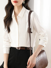 Buttoned Pleated Solid Color Long Sleeves Loose Lapel Blouses&Shirts Tops