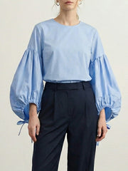 Drawstring Pleated Solid Color Long Sleeves Loose Round-Neck Blouses&Shirts Tops