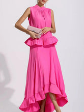 Pleated Ruffled Solid Color High Waisted High-Low Mock Neck Two Pieces Set
