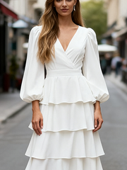 Layered Solid Color A-line High Waisted V-neck Maxi Dresses