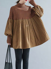 Pleated Split-Joint Long Sleeves Loose High Neck Sweater Tops